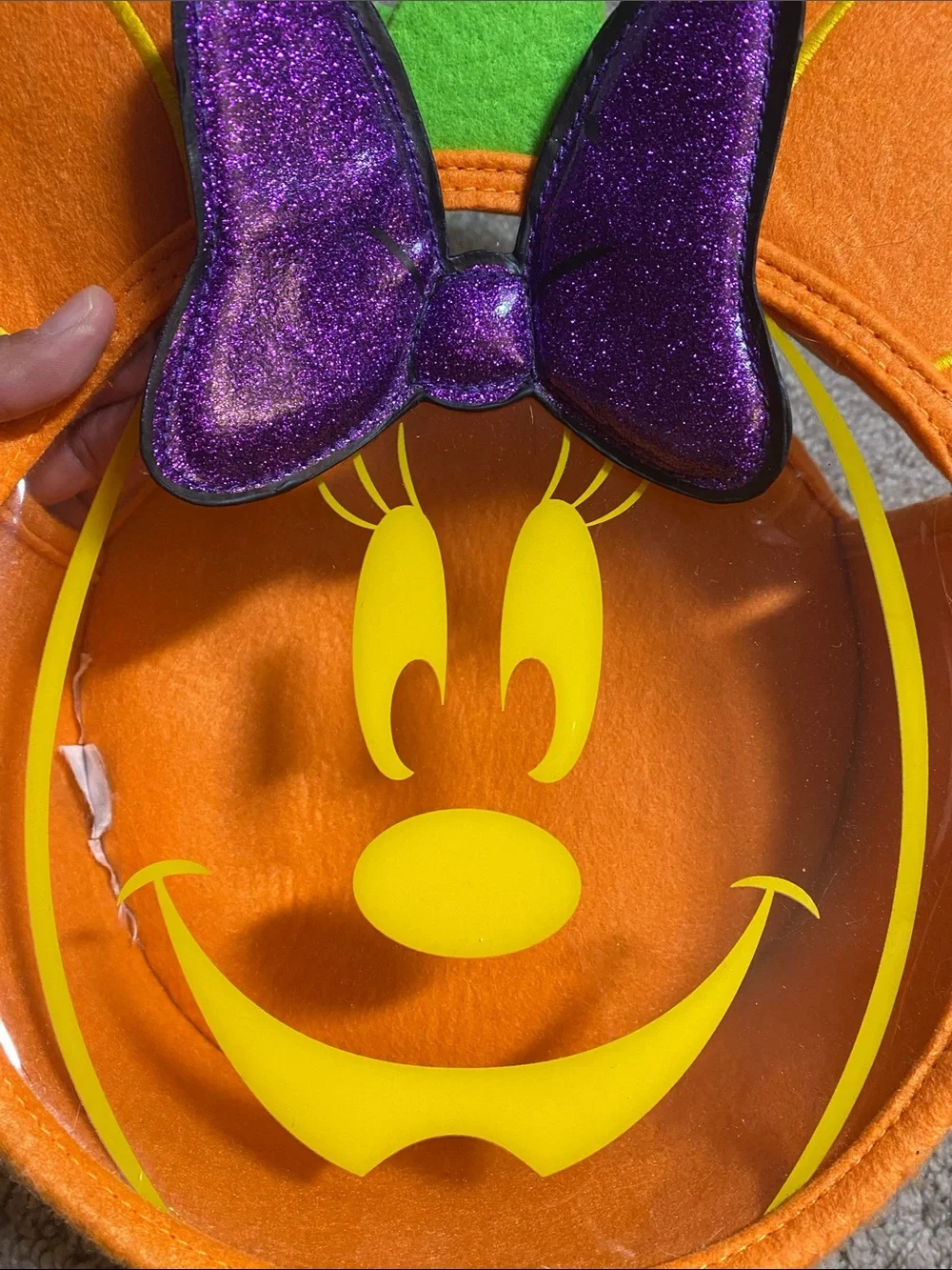 Disney Orange Pumpkin Minnie Trick-or-Treat Bag with Purple Bow and Green Handle